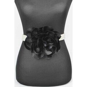 DIONA J LARGE SATIN FLOWER PLUS SIZE PEARL STRETCH BELT BLACK